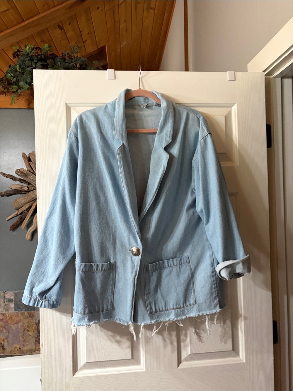 Pale Blue Women's Denim Blazer with Single-Button Front
